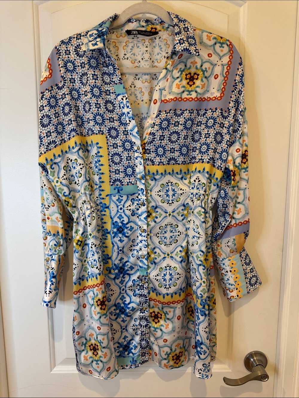 Zara Blue Paisley Print Dress Long Sleeve Size L Mini